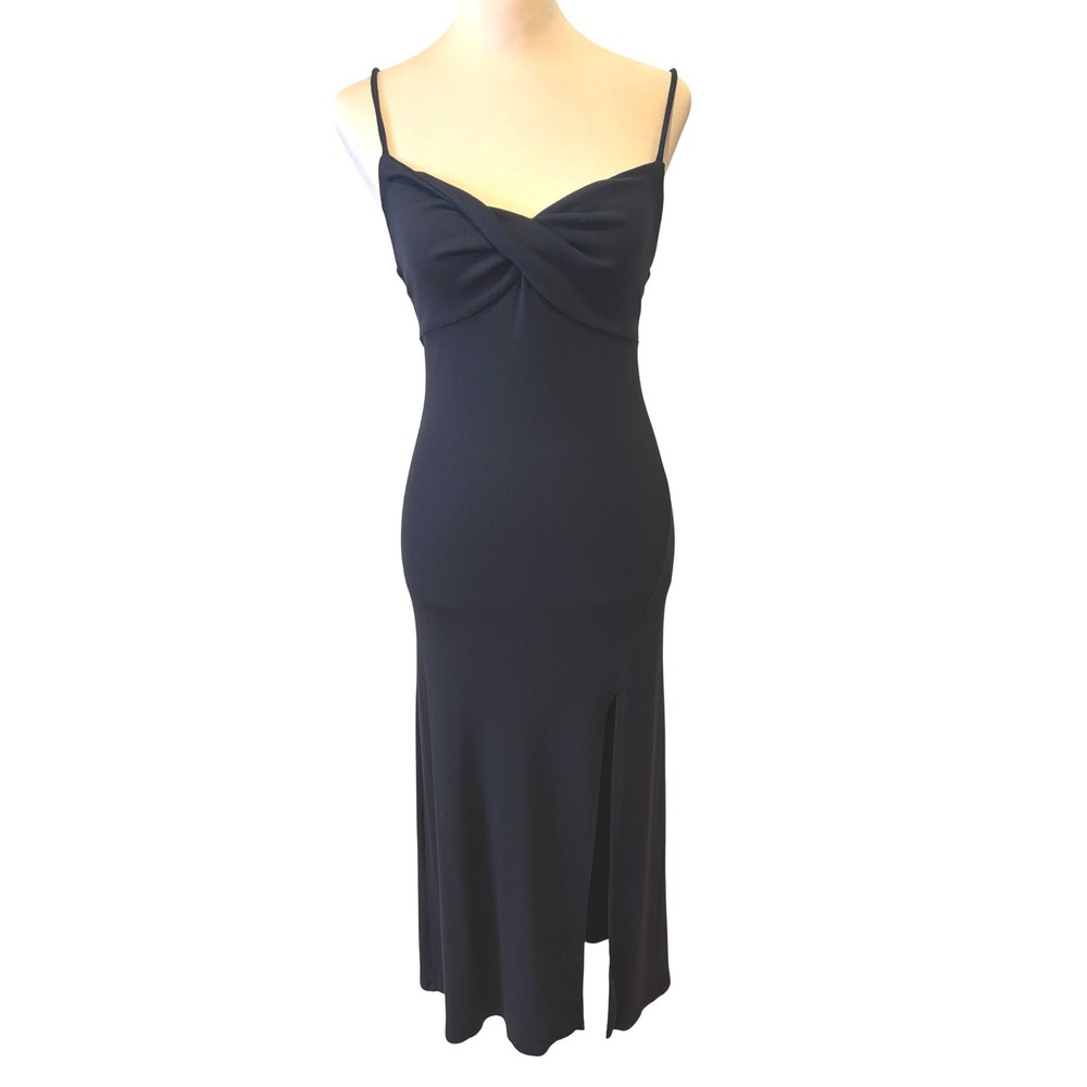Wilfred Free Aritzia Midi Meridian Dress Sz S Black Ribbed Twist Front Slit LBD